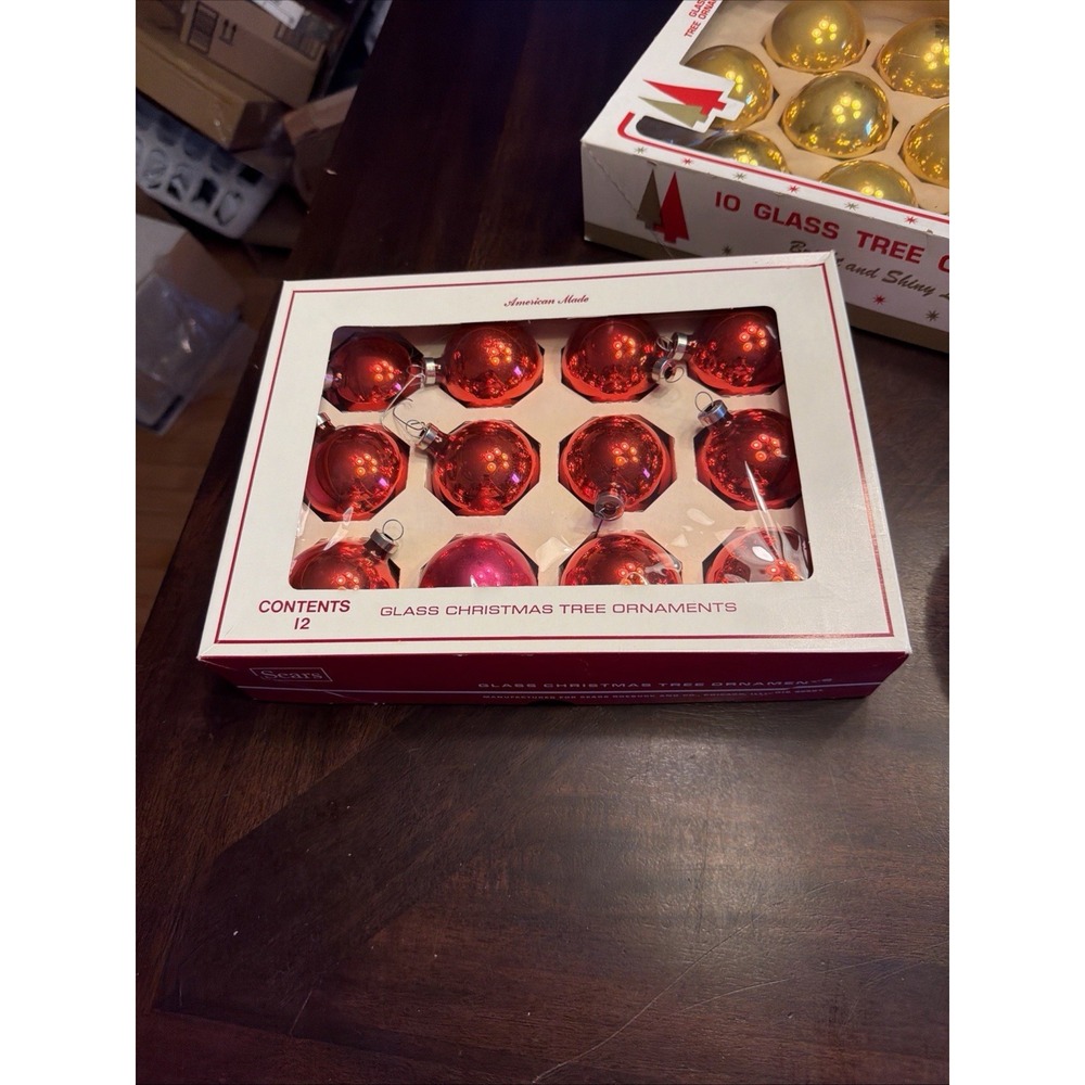 Vintage Shiny Red Glass Christmas Tree Ornaments Sears Set Of 12 Original Box
